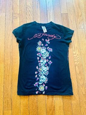 Ed Hardy Womens Skull Graphic Tee Black Floral Shirt Size XS